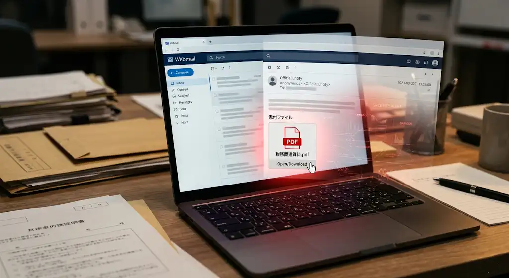税務署を装う不審メールとPDF添付ファイルの危険性を表したイメージ