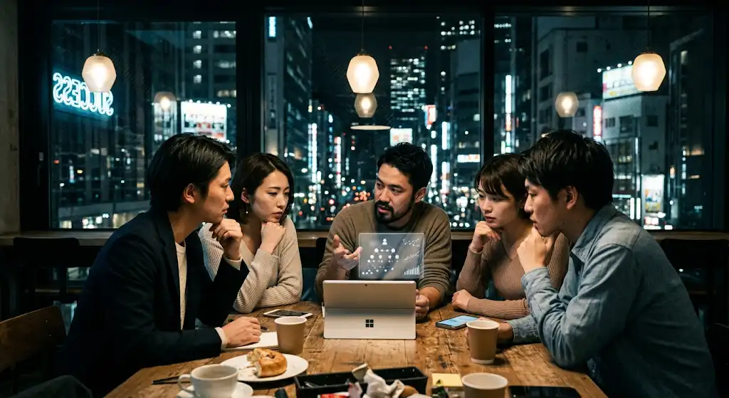 カフェで副業やネットワークビジネスについて説明を受ける若者たちのイメージ